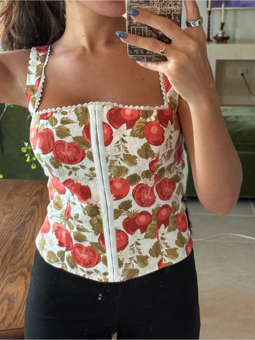 Reformation Tagliattelle Fruit Print Lace-Trim Corset Top - Red & Olive on White - Picture 3 of 3
